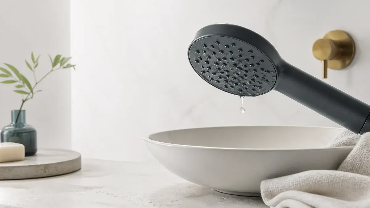 Mørkt håndbrusehoved over en porcelænsskål med en enkelt restdråbe fra dysen