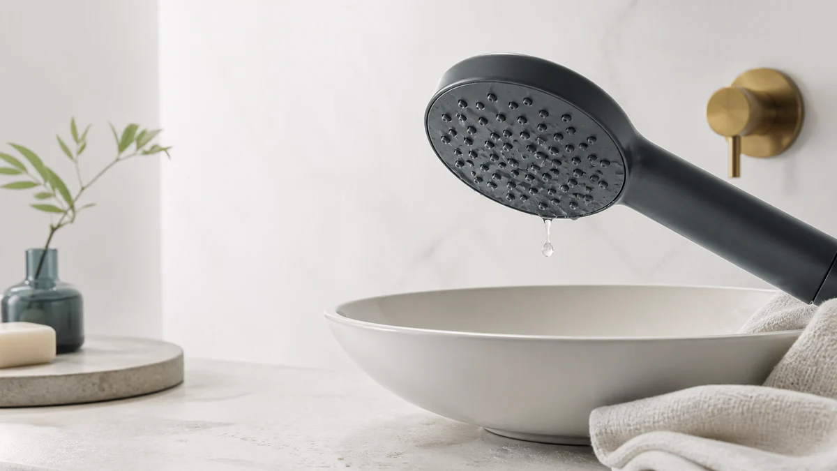 Mørkt håndbrusehoved over en porcelænsskål med en enkelt restdråbe fra dysen
